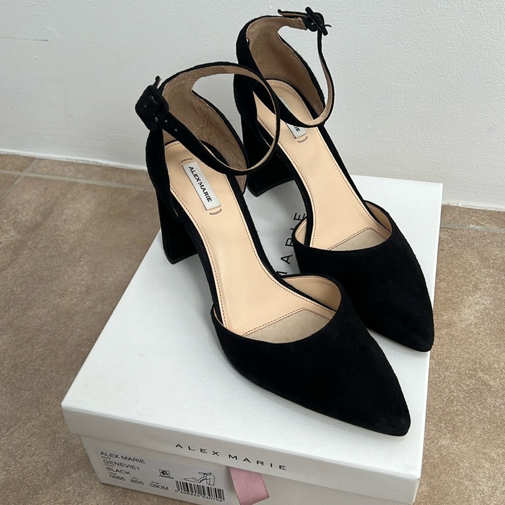 Alex Marie Black Pointed Toe Ankle Strap Block Heels